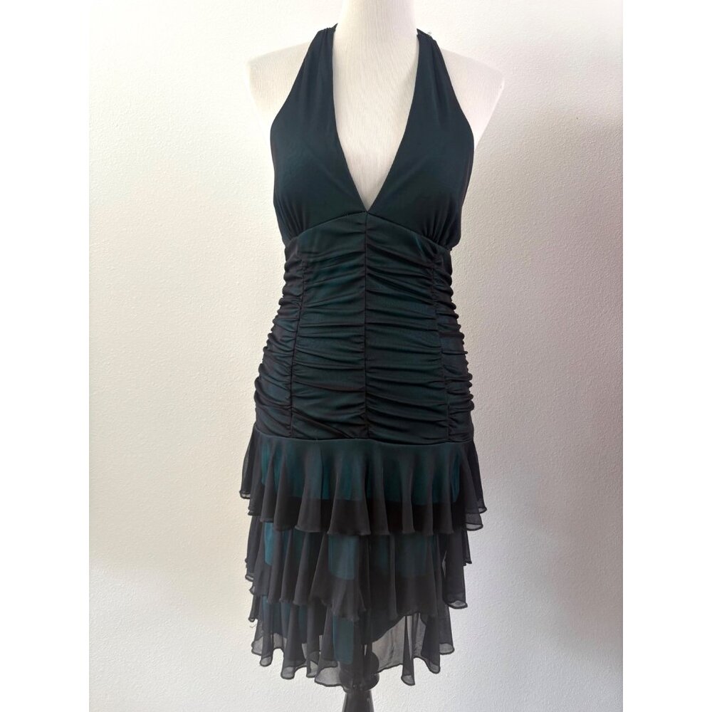 VTG 80s City Triangles Halter Dress Ruched Ruffled Hem Sm Black Teal Stretch Whi